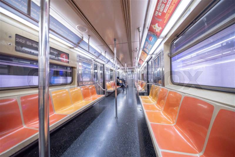 NEW YORK CITY - DECEMBER 2018: Interior of New York City subway train, wide angle view, stock photo