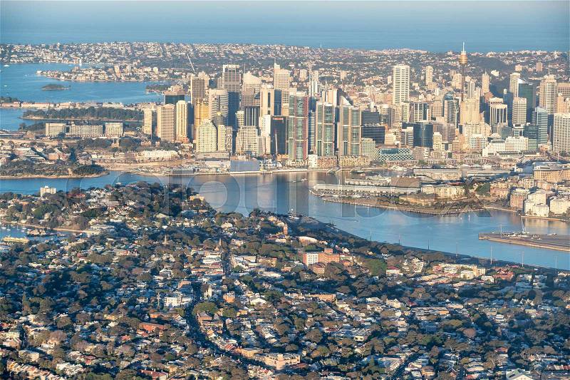Sydney aerial skyline from airplane, Australia, stock photo