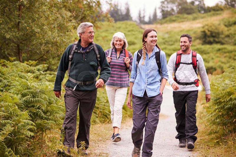 Two mixed age couples walking on a countryside path during family camping adventure, front view, stock photo