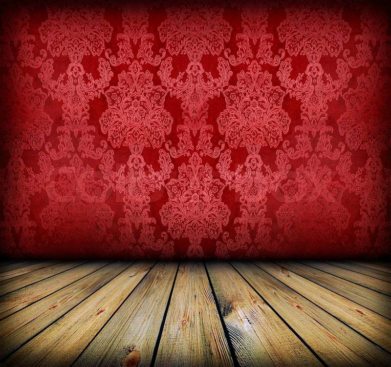 Dark vintage red room with wooden floor and artistic shadows added, stock photo