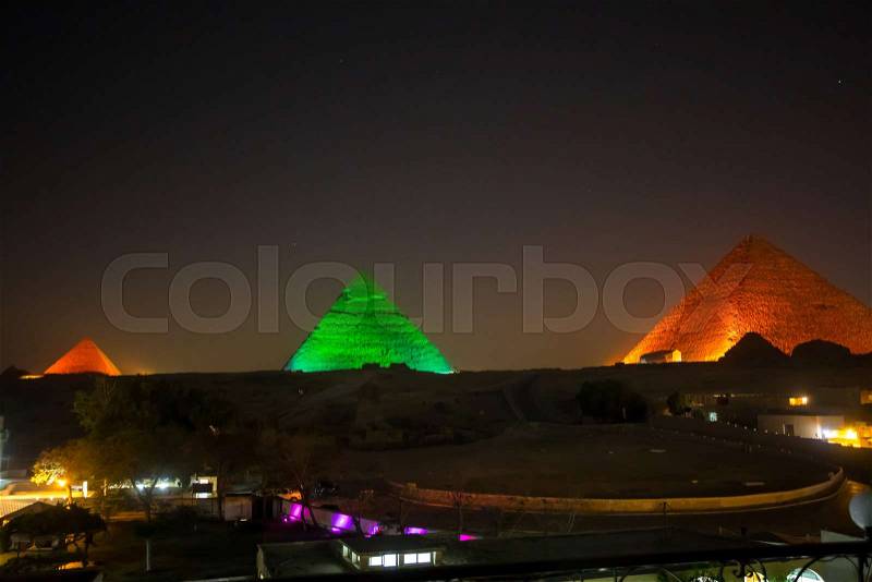 The Great pyramid at night in Giza, Egypt, stock photo