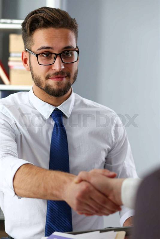 Man in suit and tie give hand as hello in office portrait. Friend welcome mediation offer positive introduction thanks gesture summit executive approval motivation ..., stock photo