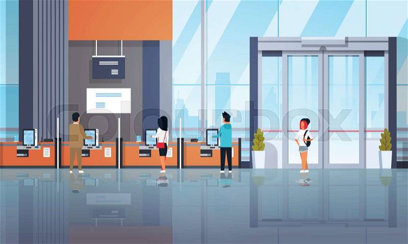 People clients using self service machines payment terminals windows financial operations concept banking equipment modern bank office interior horizontal flat ..., vector