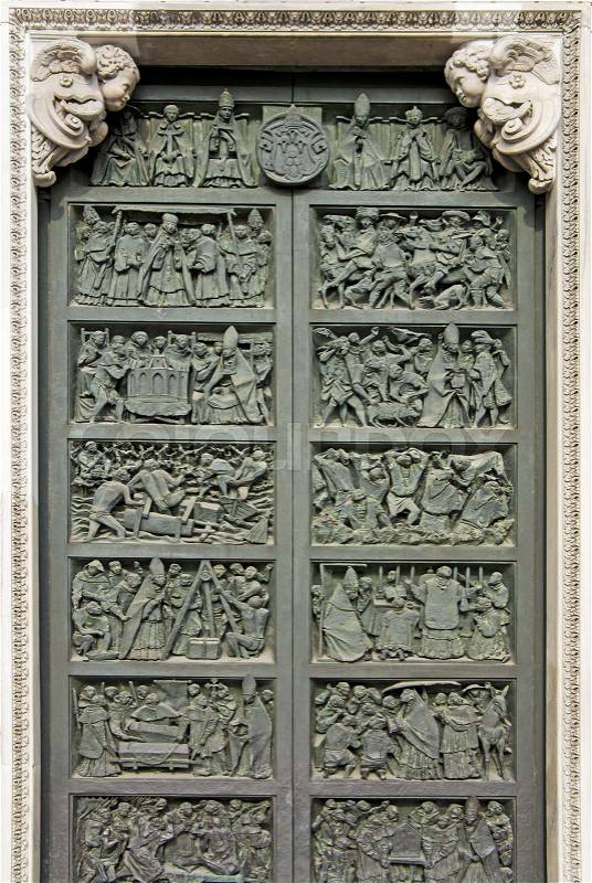 Bronze doors of Milan\'s cathedral Duomo di Milano, stock photo