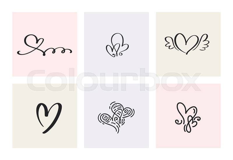 Set of six vintage Vector Valentines Day Hand Drawn Calligraphic Hearts. Calligraphy lettering illustration. Holiday Design valentine. Icon love decor for web, ..., vector