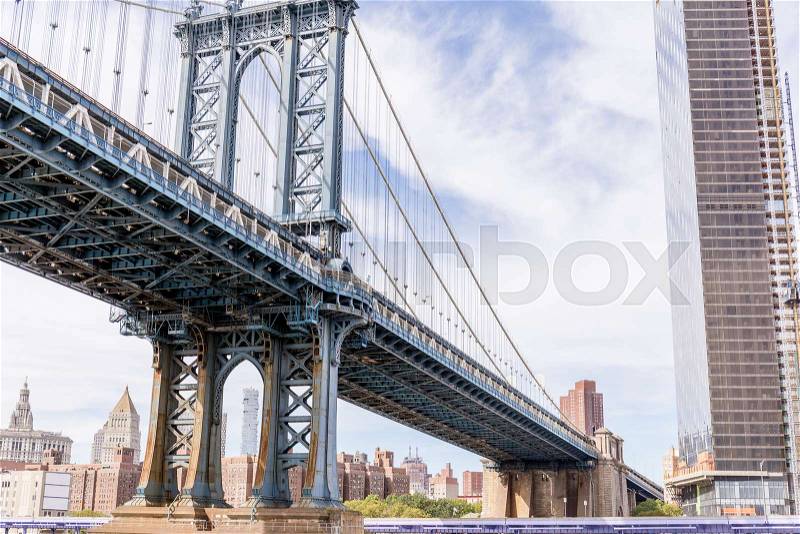 Urban scene with brooklyn bridge and manhattan in new york, usa, stock photo