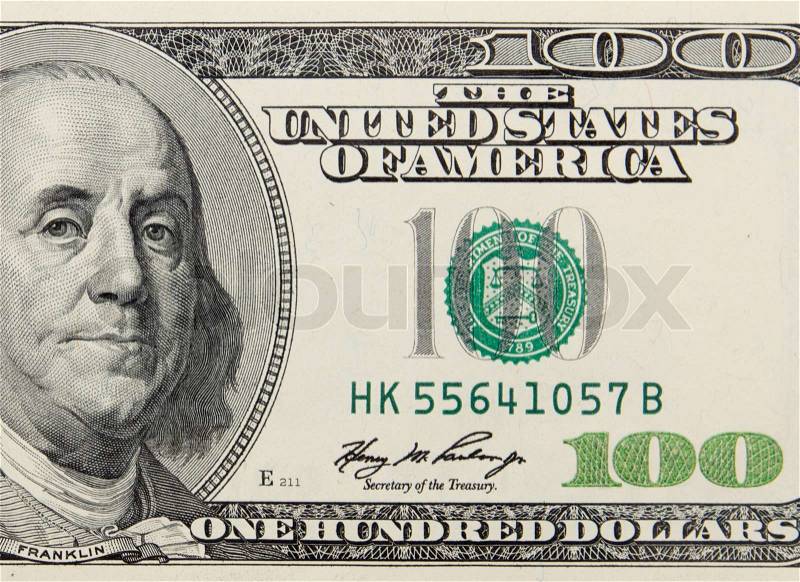 Closeup abstract of $100 bill in US currency, stock photo