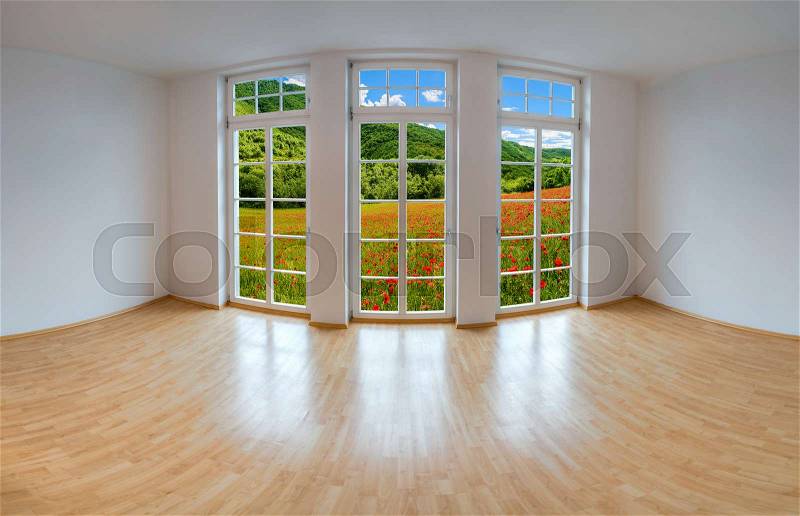View from an empty apartment through a large window to romantic landscape with poppy flowers, stock photo