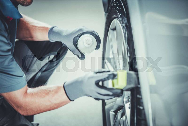 Car Wheels Pro Cleaning Using Professional Detergents. Vehicle Detailed Clean, stock photo