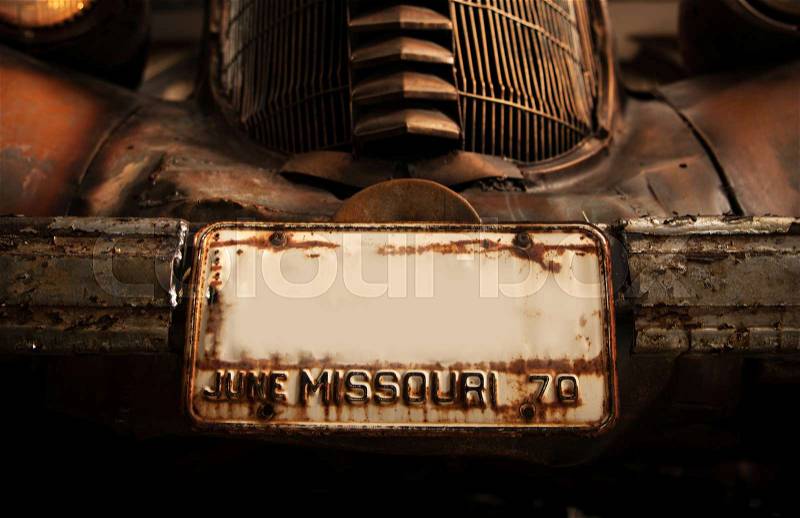 Rusty Classic Car Registration Missouri Plate. Vintage Transportation Concept, stock photo