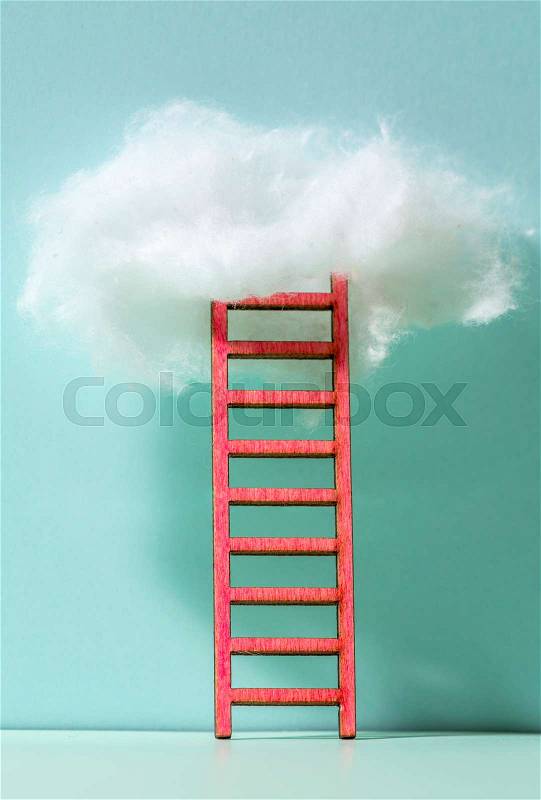 Red ladder to the clouds metaphor. Concept for growth and internet cloud networking. Blue wall, stock photo