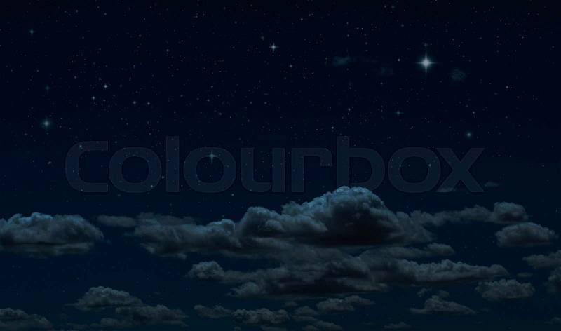 Night starry sky and clouds. Moonlight dark background and stars in the sky. Clean night backdrop. , stock photo