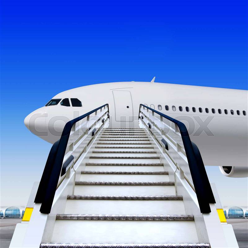 Frontal view of white ramp in airport near the plane, stock photo