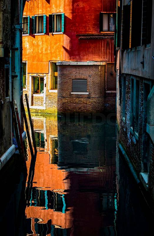 Elements of architecture of houses on the streets of the canals of the city of Venice in Italy, stock photo