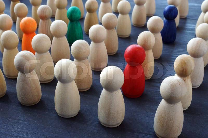 Crowd of colored figures. Recruitment and talent search. Uniqueness and individuality, stock photo
