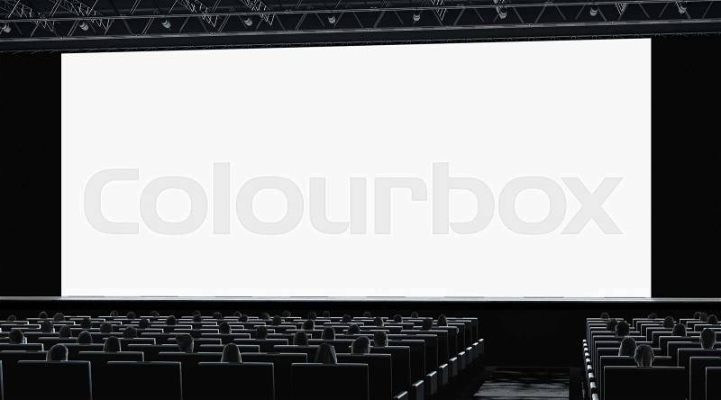 Cinema hall with audience watching on blank monitor mockup, right side view, 3d rendering. Empty cinema screen with people on seat mock up. Theatre presentation or ..., stock photo