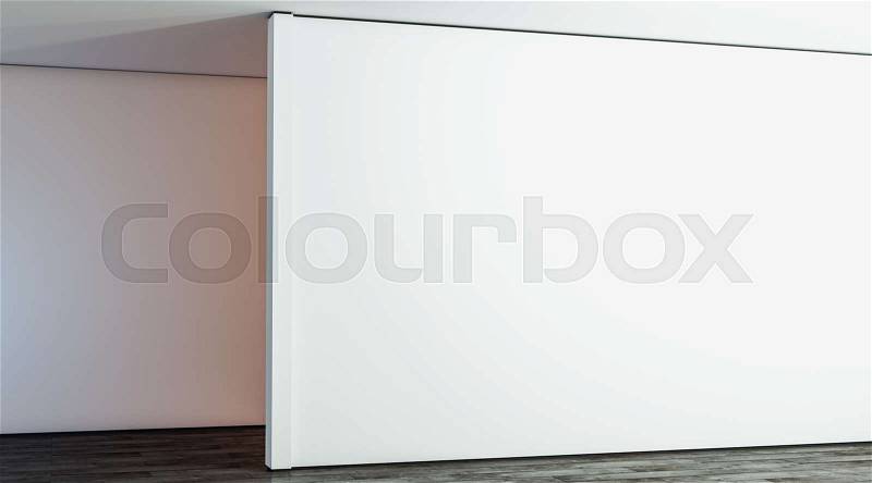Blank white large gallery wall in hall mock up, 3d rendering. Empty big stand in room mockup, side view. Clear sunlight interior with modern exhibition wal tempate, stock photo