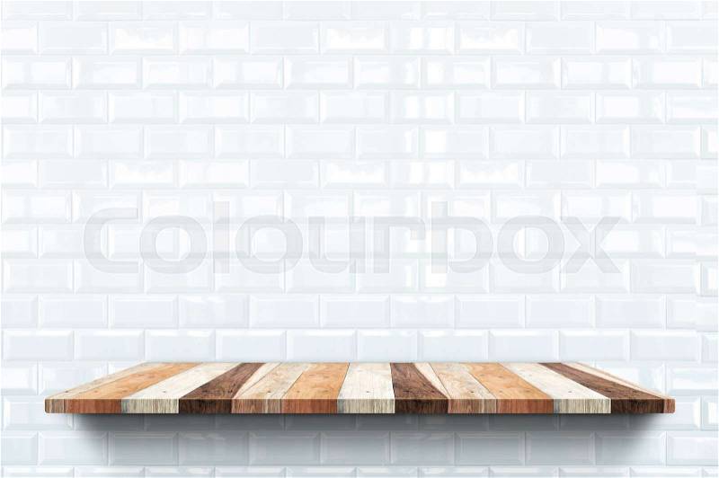 Empty wood bookshelf on glossy white tile wall background,Backdrop interior mock up for display or montage of product for advertising online, stock photo