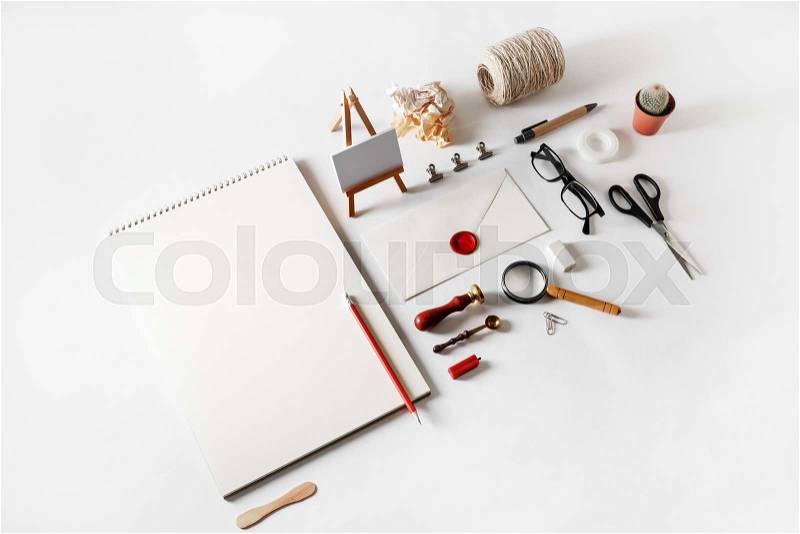 Blank corporate stationery set on white paper background. Business brand template, stock photo