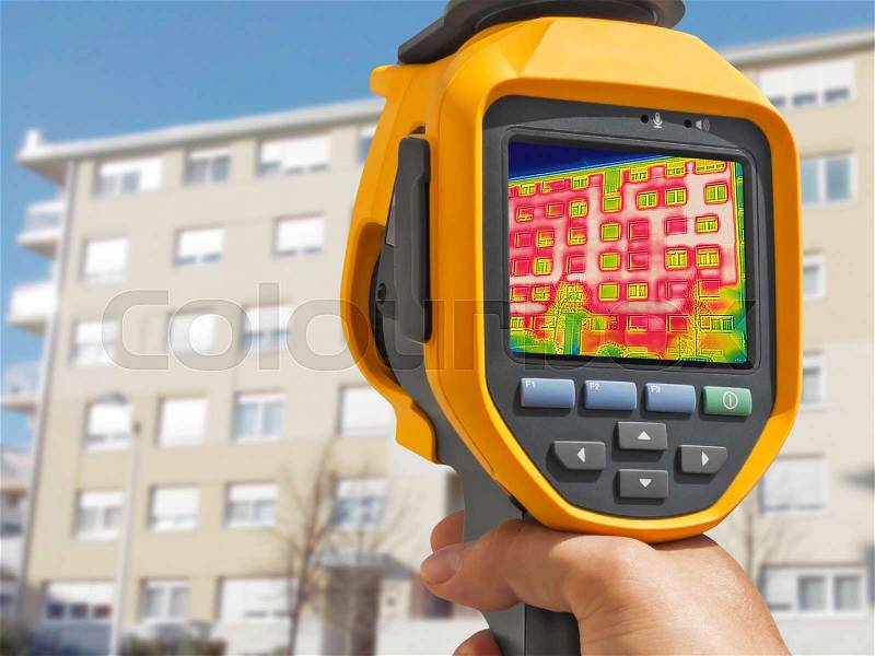 Detecting Heat Loss Outside building Using Thermal Camera, stock photo