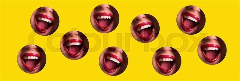 Pattern of red lips, shiny smiles through holes in yellow paper background. Make up artist, beauty cosmetics sale. Spring, woman day concept. Beauty salon ..., stock photo