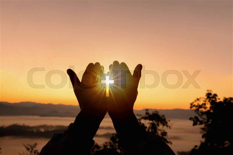Human hands open palm up worship. Eucharist Therapy Bless God Helping Repent Catholic Easter Lent Mind Pray. Christian Religion concept background. fighting and ..., stock photo