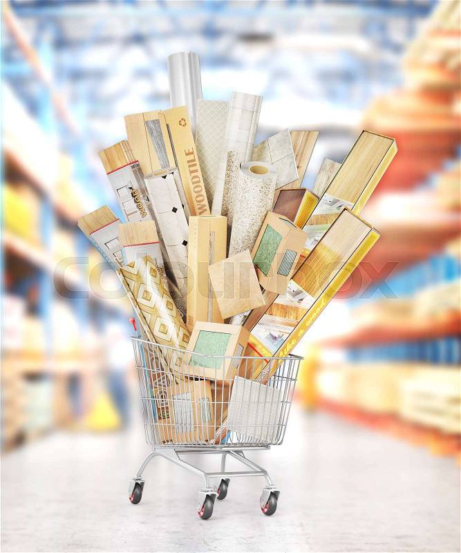 Different floor coating materials type in the shopping cart. 3d illustration, stock photo