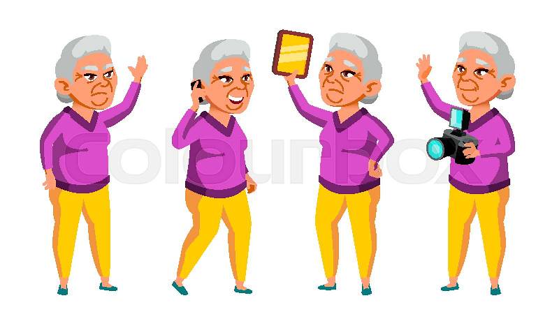 Asian Old Woman Poses Set Vector. Elderly People. Senior Person. Aged. Funny Pensioner. Leisure. Postcard, Announcement, Cover Design. Isolated Cartoon Illustration, vector