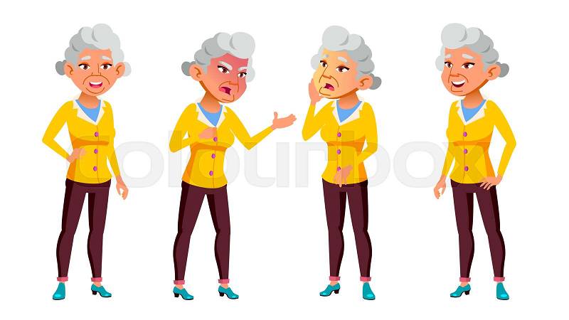 Asian Old Woman Poses Set Vector. Elderly People. Senior Person. Aged. Active Grandparent. Joy. Web, Brochure, Poster Design. Isolated Cartoon Illustration, vector