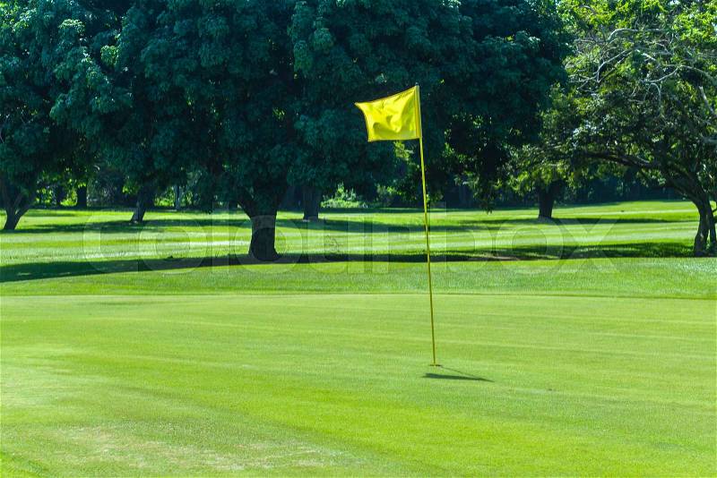 Golf course hole green flagstick trees scenic summer coastal course, stock photo
