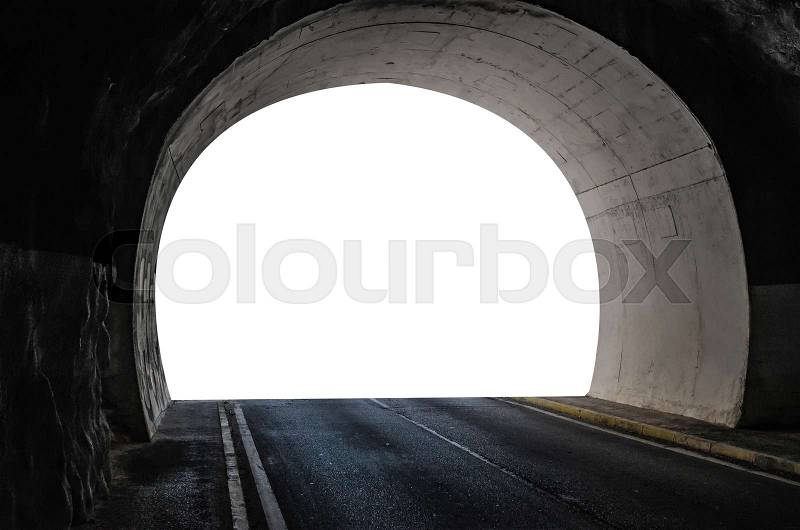 Tunnel in the mountain with a car road and an isolated white color exit, stock photo