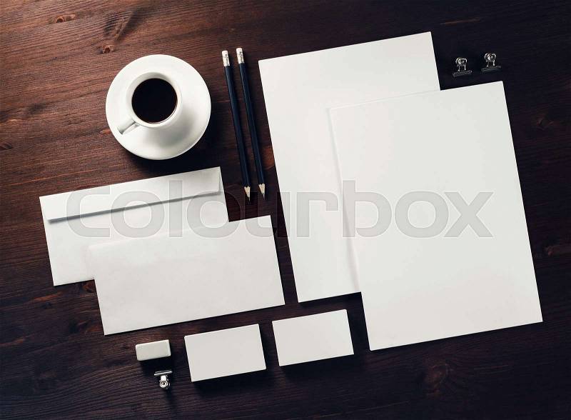 Blank branding mock-up. Business stationery set on wooden background. Flat lay, stock photo