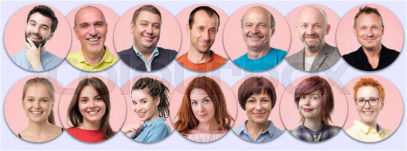 Collection of circle avatar of people. Young and senior men and women faces on pink color. Positive human emotion. Concept of divercity and individuality in modern ..., stock photo