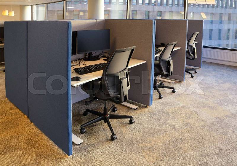 Empty Office Interior With Chairs, Computers, Desktops, stock photo