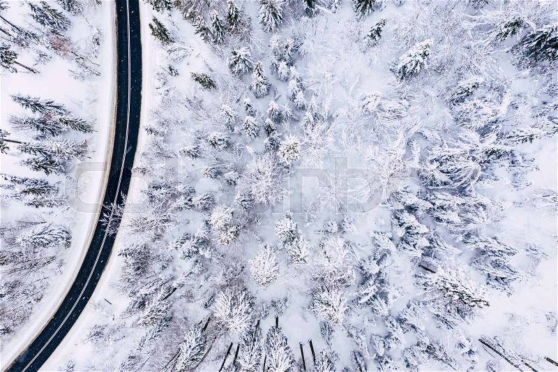 Curvy windy road in snow covered forest, top down aerial view. Winter landscape. , stock photo