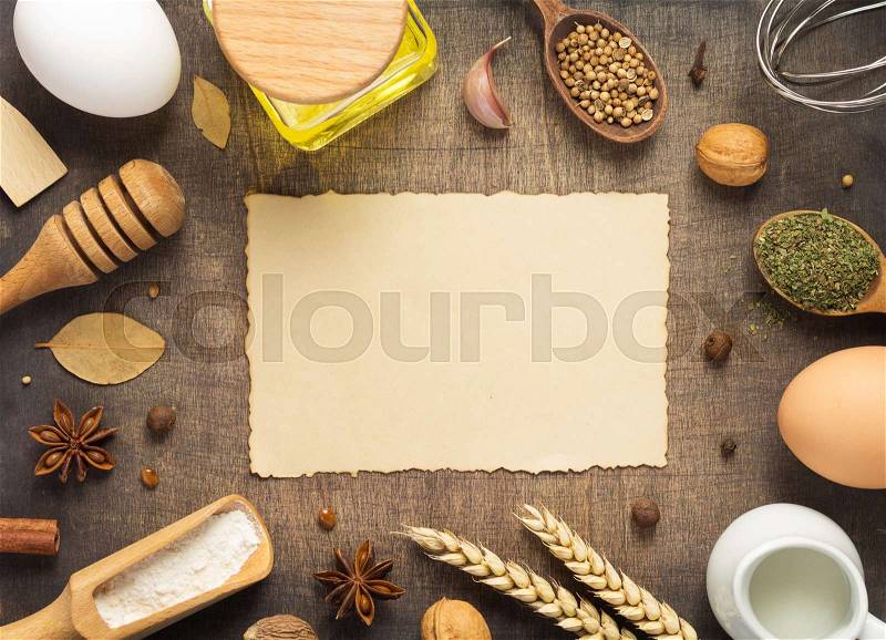 Bakery and bread ingredients on wooden background, top view, stock photo