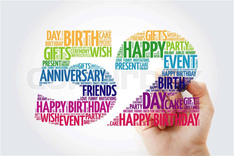 Happy 52nd birthday word cloud with marker, collage concept, stock photo