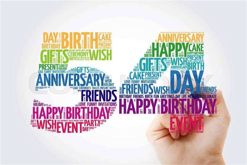Happy 54th birthday word cloud with marker, collage concept, stock photo
