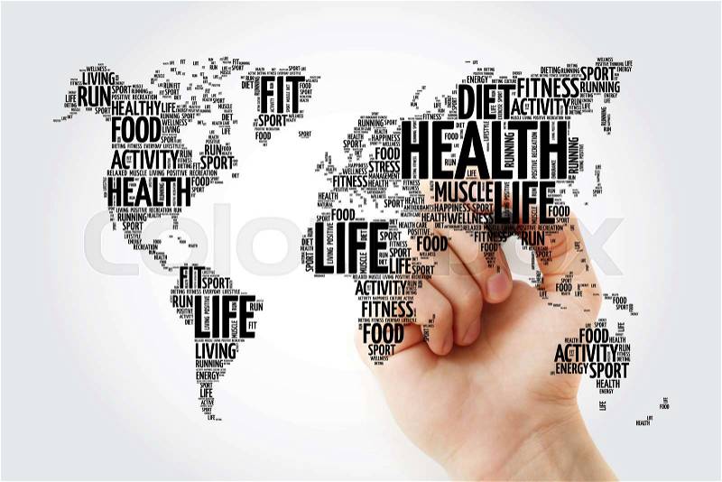 Health and Life World Map in Typography, sport, health, fitness, word cloud with marker, stock photo
