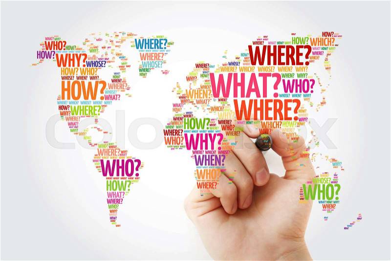 Question Words World Map in Typography, words cloud with marker, business concept background, stock photo