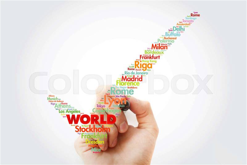 WORLD check mark word cloud concept made with words cities names, travel concept with marker, stock photo