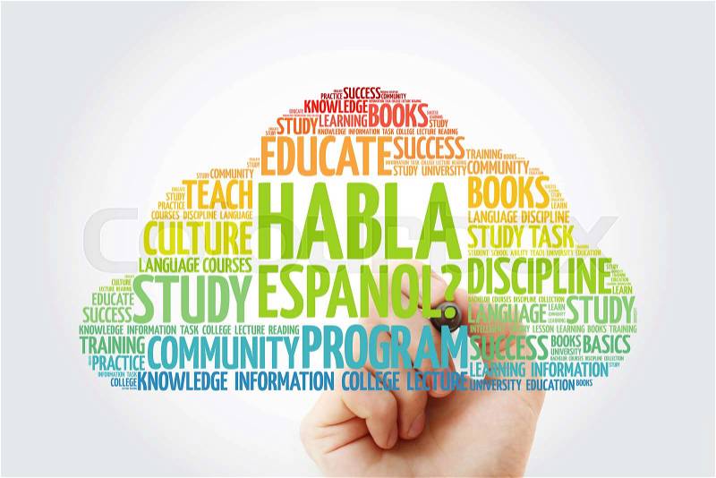 Habla Espanol? (Speak Spanish?) word cloud with marker, education business concept, stock photo