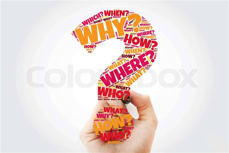 Question mark - Questions whose answers are considered basic in information gathering or problem solving, word cloud with marker, stock photo
