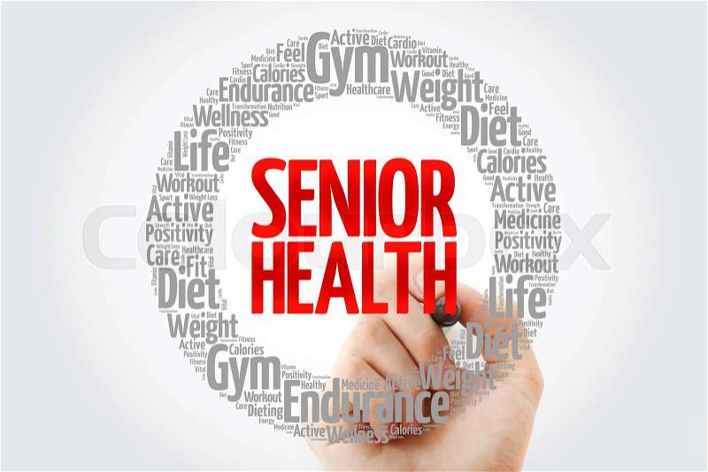 Senior health word cloud with marker, health concept, stock photo