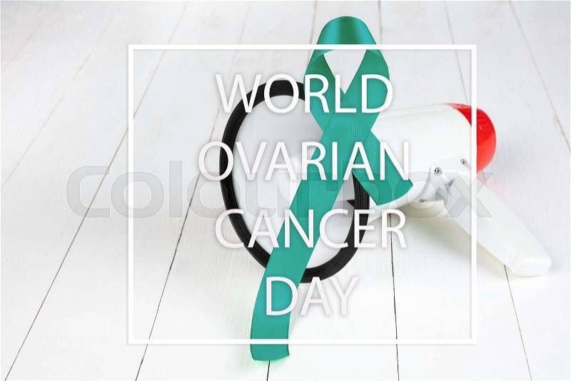 Teal ribbon. Ovarian cancer awareness. Healthcare and medicine concept. The cancer, health, breast, awareness, campaign, disease, help, care, support hope illness ..., stock photo