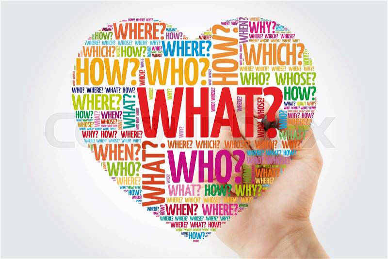 Heart word cloud with questions whose answers are considered basic in information gathering or problem solving, concept with marker, stock photo