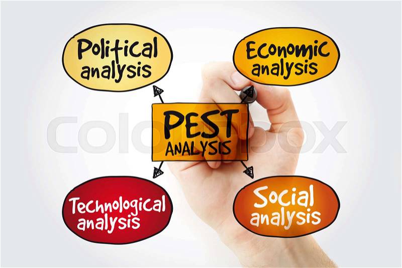 PEST analysis mind map with marker, political, economic, social, technological analysis, stock photo