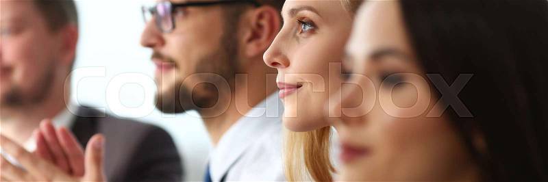 Group of people clap their arm in row during seminar portrait. Great news brief achievement win deal good job happy birthday employee introduce party positive ..., stock photo