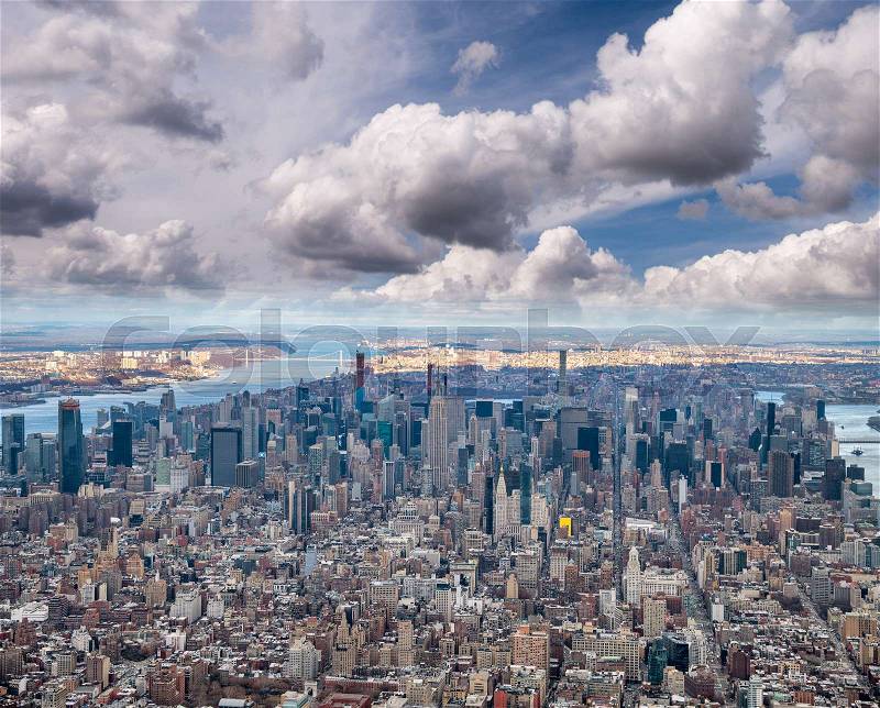New York City from the sky, Manhattan view from helicopter, stock photo