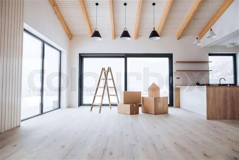 An interior of a new house or flat, furnishing a new home concept. Copy space, stock photo